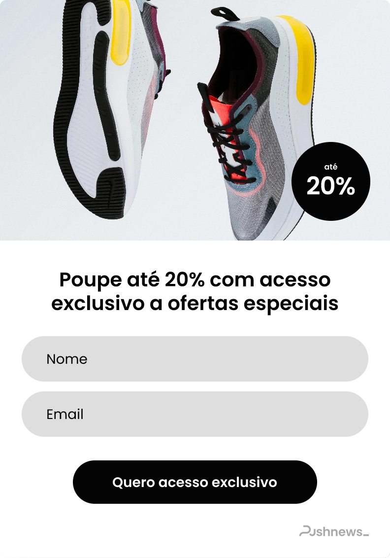 OnSite Popup com formulário de captação oferecendo até 20% de desconto em tênis exclusivos